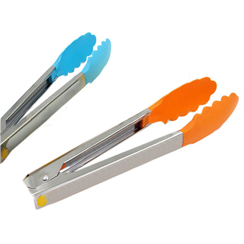 Silicone Cooking Salad Stainless Steel Handle Serving BBQ Tongs Kitchen Utensil