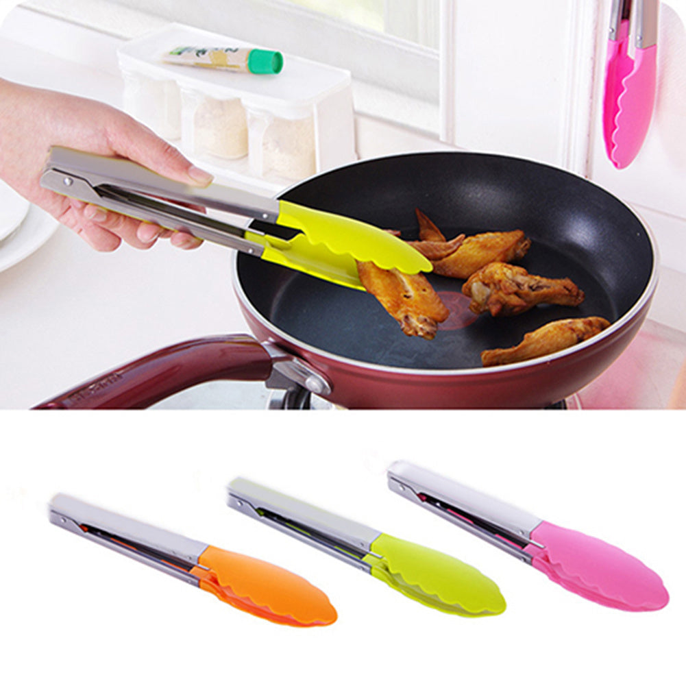 Silicone Cooking Salad Stainless Steel Handle Serving BBQ Tongs Kitchen Utensil